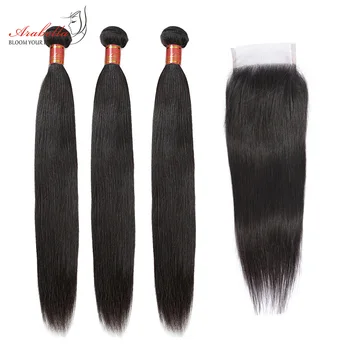 Пучки человеческих волос с кружевом Clsoure Перуанские прямые волосы 3 Пучка с прозрачной кружевной застежкой Arabella Remy Hair