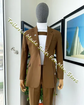 Коричневый мужской классический костюм, комплекты из пиджаков, 2 предмета, приталенное пальто, Брюки, роскошные платья для официальных мероприятий последнего дизайна.