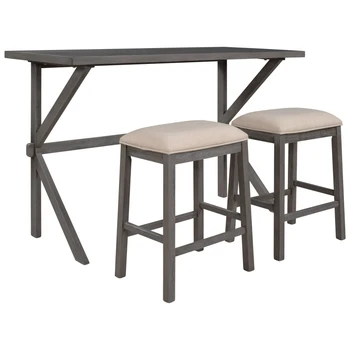 Деревянный кухонный гарнитур для столовой из 3 предметов, обеденный стол с K-образным каркасом и 2 мягких табурета, серые + бежевые подушки.