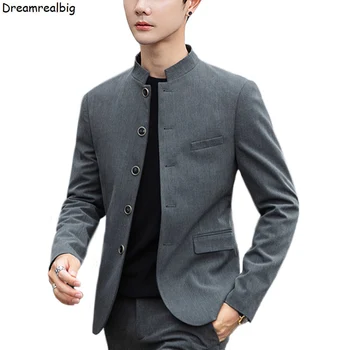 Корейский стиль, однотонный мужской Серый пиджак, Весна-осень 2022, однобортный мужской повседневный блейзер с воротником-стойкой, высокое качество