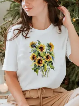 Акварельный цветок, милая футболка, футболка, летняя одежда с коротким рукавом, модная женская одежда с круглым вырезом и принтом, графическая футболка