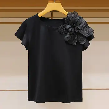 2023 Весна-лето, шикарные рубашки с коротким рукавом в виде цветка и бабочки для женщин, повседневные Корейские футболки с круглым вырезом и шикарным рисунком