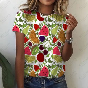 Женская футболка с короткими рукавами и круглым вырезом с фруктовым принтом, темпераментный повседневный крой, женский топ с короткими рукавами в цветочек большого размера