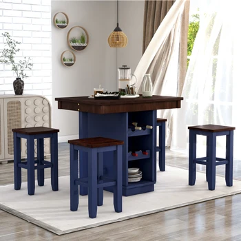 Столовые приборы для кухни в фермерском доме из 5 предметов, квадратный деревянный стол с 3-уровневыми регулируемыми полками для хранения и винными полками