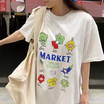 Белая футболка оверсайз с растительным мультяшным принтом, Женская уличная футболка с коротким рукавом, Корейский модный Летний топ Y2k
