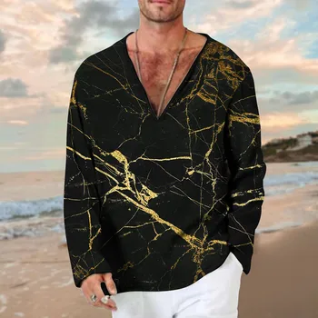 Мужская летняя повседневная футболка с V-образным вырезом и длинным рукавом с 3D принтом, блузка, топы, футболка