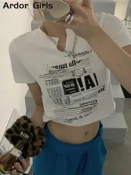 Женский укороченный топ с буквенным принтом 2023, летняя шикарная женская футболка с круглым вырезом и коротким рукавом в гофрированном виде, модные Корейские рубашки Spicy Girl в стиле ретро