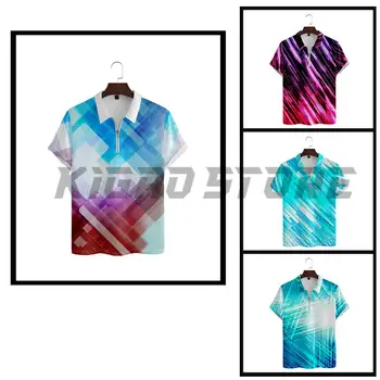 Повседневные мужские рубашки поло на молнии контрастных линий в стиле харадзюку с цветным блоком, уличная рубашка с коротким рукавом на открытом воздухе