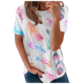 Женская футболка с 3D принтом в виде перьев, круглый вырез, Короткий рукав, повседневный свободный топ для девочек, летняя модная женская одежда для повседневной жизни