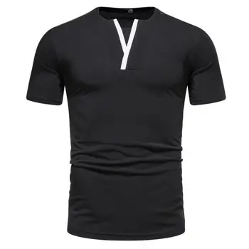 Мужская футболка с коротким рукавом и Y-образным вырезом, Тонкая эластичная, впитывающая пот Летняя футболка в стиле пэчворк, облегающая футболка, уличная одежда