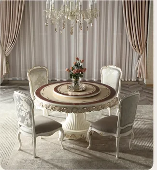 Французский круглый стол и стул длиной 1,4 м, белый стол из европейского бука, расшитый бисером, с поворотным столом, комбинация стола и стула