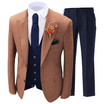 Мужской костюм, комплект из 3 предметов, корейская версия, приталенный повседневный пиджак в клетку в полоску, подходящий для свадебных банкетов, жилет со штанами