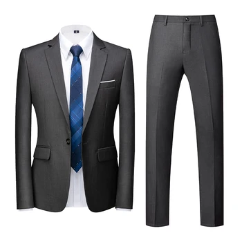 (Куртка + брюки) Модный бутик, мужской однотонный Повседневный деловой высококлассный Социальный формальный комплект из 2 предметов, свадебный костюм жениха, плюс размер S-6XL