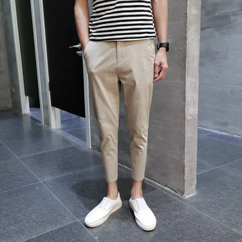 Летние брюки длиной до щиколотки в английском стиле 2023, мужские повседневные облегающие Модные тонкие брюки, мужская Корейская одежда, однотонные брюки, мужские H234