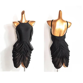 Сексуальное платье для латиноамериканских танцев, сетчатая юбка, Черное тренировочное платье с открытой спиной, платье для латиноамериканских танцев, женские костюмы для бальных латиноамериканских танцев DN9433