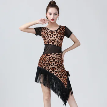 2023 Новое женское платье для бальных латиноамериканских танцев, костюм для взрослых женщин, леопардовый принт, танцевальное представление с кисточками, сексуальное сетчатое сшитое платье