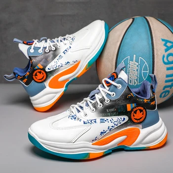 Высококачественная модная повседневная спортивная обувь для баскетбола, мужская обувь Белого, синего, бело-оранжевого цвета, двухцветная, доступна в размерах 39-44 Для МУЖЧИН