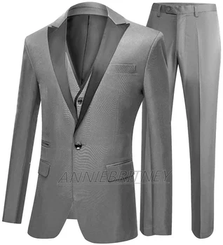 Новейший дизайн, деловые приталенные мужские костюмы, Серый смокинг жениха, шафер, Костюмы из 3 предметов, сшитые на заказ, Модный свадебный костюм для мужчин