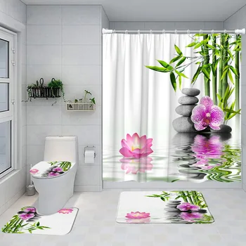 Набор занавесок для душа из зеленого бамбука Zen, розовый лотос, орхидея, Спа-декорации из серого камня, декор ванной комнаты, нескользящий коврик, коврики для ванной, крышка унитаза