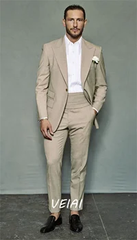 Последние модели пальто и брюк Бежевые Свадебные костюмы цвета слоновой кости Slim Fit, официальный смокинг из 2 частей, Мужские костюмы для жениха в индивидуальном стиле, Terno Masculino