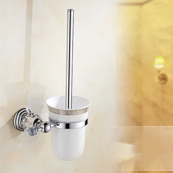 Настенный Держатель для туалетной щетки из латуни и Хрусталя, Керамическая Чашка + Белая Щетка, Хромированные Золотые Аксессуары Для ванной комнаты