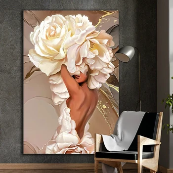 Розовая женщина с цветочным рисунком на холсте, Синяя птица и женщина, Настенная живопись, Модное абстрактное искусство, Женщина с цветочной головой, домашний декор