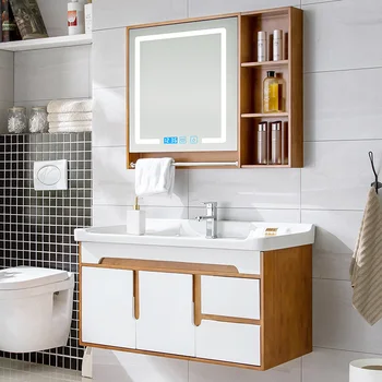 Водонепроницаемый бревно из массива дуба В европейском стиле, настенный умный шкаф для ванной комнаты, комбинированный шкаф для умывальника, столик для ванной комнаты