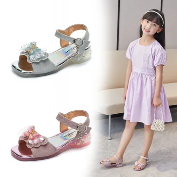 Модные сандалии для девочек, Летняя Детская повседневная обувь принцессы, блестящая танцевальная обувь для детского шоу, платье с ремешком на щиколотке, сандалии для девочек