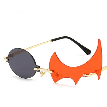 Солнцезащитные очки без оправы забавной формы, крутые солнцезащитные очки в стиле стимпанк, Уникальные двухцветные Многоугольные солнцезащитные очки с овальным пламенем, очки в маленькой оправе