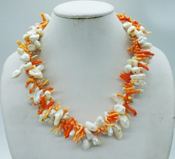 Оранжевый коралл, натуральный пресноводный возрожденный жемчуг в стиле барокко, слишком красивый!!! Классическое ожерелье 20 дюймов