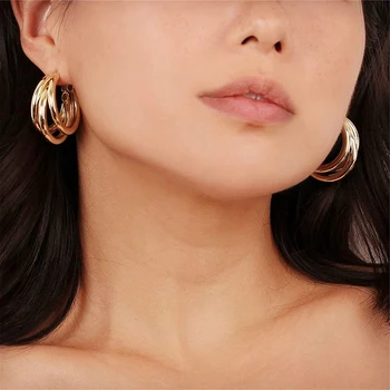 Золотые серьги-кольца для женщин, Корейские модные трехслойные обручи, большие толстые круглые эффектные серьги, висячие украшения для ушей