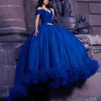 Королевское синее бальное платье из тюля, Пышные платья, пояс с аппликацией в виде сердечка, Сладкий 15-метровый шлейф, шнуровка сзади