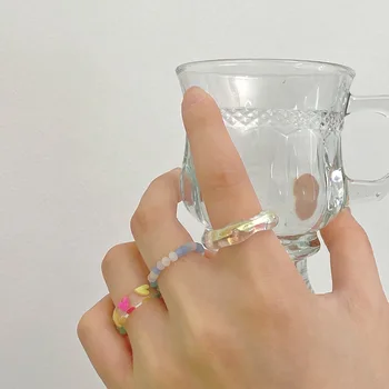 YDL Корейский модный набор акриловых колец для женщин, эстетичное эластичное кольцо из смолы светлого цвета, расшитое бисером, 2023, Свадебные украшения для вечеринок
