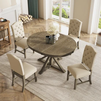Функциональная мебель Обеденный стол в стиле ретро с выдвижным столом и 4 мягкими стульями для столовой и гостиной