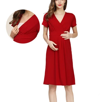 Женское модное повседневное платье для беременных и кормящих, однотонное платье для кормления грудью с карманом, сексуальное платье с V-образным вырезом