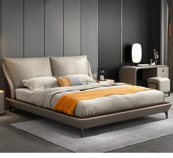 Двуспальная кровать, кожаная мягкая кровать, кровать современного дизайна, модная мебель для спальни размера 
