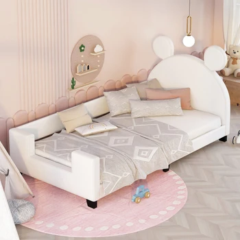 Симпатичный каркас детской кровати с мягкой спинкой Twin Size и ушками Микки Мауса в изголовье, белый