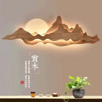 Китайские светодиодные настенные светильники для гостиной Креативное искусство из дерева Акриловая Пейзажная фреска Фон Декор стен Внутреннее освещение Настенные светильники