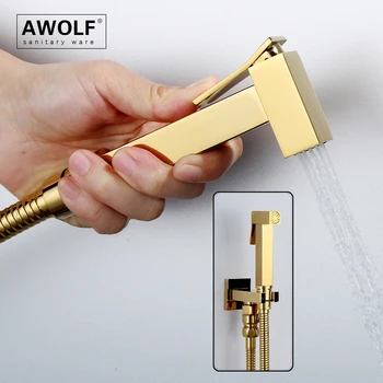 Awolf Твердый латунный Титановый золотой ручной набор для унитаза биде и опрыскивателя Квадратный дизайн Ванной комнаты Гигиенический душ Shattaf AP2278