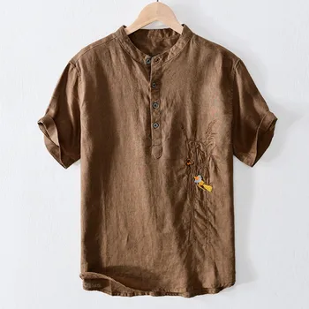 Летняя мужская льняная рубашка с вышивкой в китайском стиле в стиле ретро, футболки с коротким рукавом, Тонкая дышащая пляжная одежда