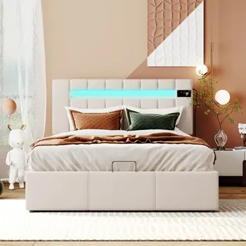 Кровать, обитая бежевой бархатной тканью, в натуральную величину, со светодиодной подсветкой, Bluetooth-плеером и USB-зарядкой, гидравлическая кровать для хранения