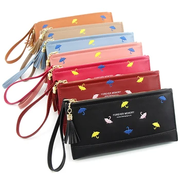 Женский длинный кошелек из искусственной кожи, сумка на молнии, держатель для карт, портмоне с милым зонтиком, кошельки с вышивкой (7 цветов)