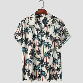 Гавайская мужская рубашка с коротким рукавом, хлопковая рубашка с кубинским воротником 2023 года, с 3D принтом кокосовой пальмы, свободная, повседневная, для вечеринок и пляжа