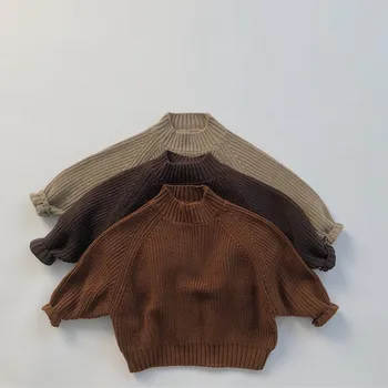 Корейский стиль, Новые Зимние Вязаные свитера для маленьких мальчиков, Однотонные Утепленные Пуловеры, топы для малышей, Детский свитер