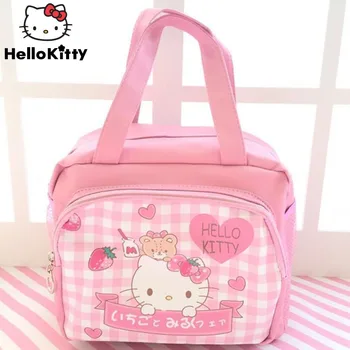 Сумка для ланча Sanrio Hello Kitty, женские сумки с клетчатым мультяшным принтом, водонепроницаемая сумка для пикника из искусственной кожи, детская милая сумка-тоут на молнии