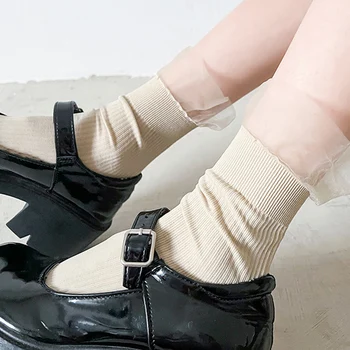 Носки Принцессы с оборками в стиле Харадзюку, женские кружевные Сетчатые Черно-белые хлопчатобумажные носки в стиле японской девы в стиле Лолиты, милые короткие носки в стиле Лолиты