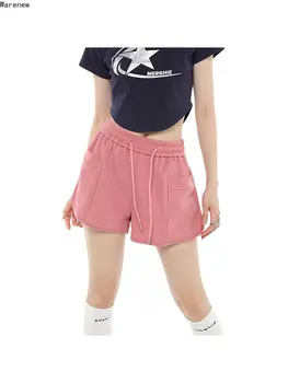 Корейский повседневный стиль, уличная одежда с высокой талией и карманами, Розовые шорты 2023, Летние женские шорты с эластичной резинкой на талии, свободного кроя, женские спортивные шорты