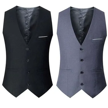 Черные, серые, темно-синие Жилеты для мужчин, Приталенный костюм, мужской жилет, Homme, повседневная деловая куртка без рукавов