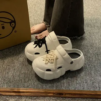 Тапочки, модные универсальные летние новинки 2023 года, женская обувь в стиле ретро на платформе, Лаконичная мягкая дышащая обувь на шнуровке снаружи