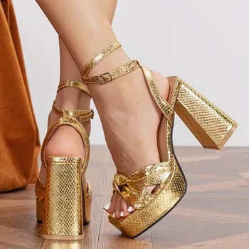 Босоножки на платформе и массивном каблуке 2023 Летняя брендовая дизайнерская обувь для женщин с ремешком на щиколотке На высоком каблуке со змеиным узором, Пикантная женская обувь